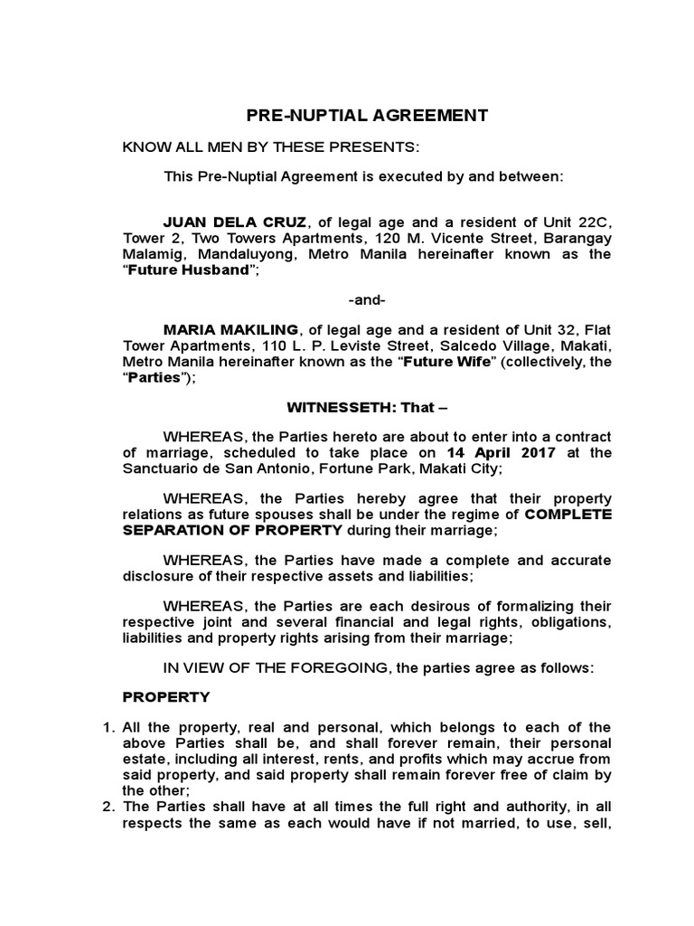 Sample PreNuptial Agreement Philippines Indemnity Civil Law (Legal