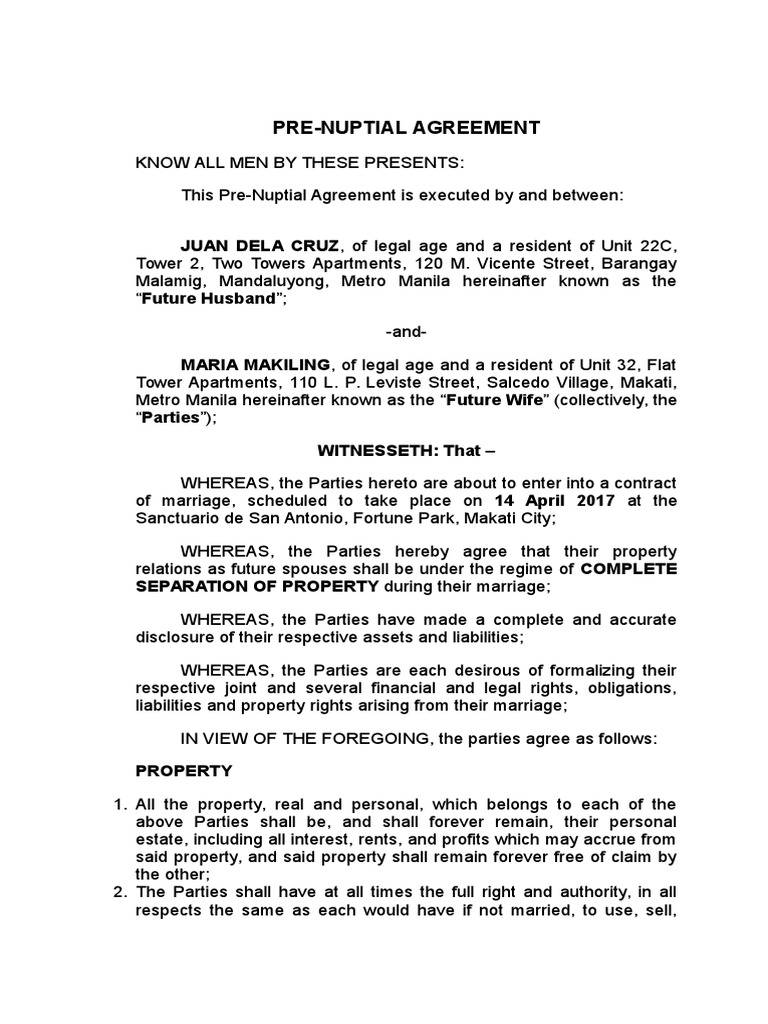 Sample Pre-Nuptial Agreement Philippines  PDF  Indemnity  Civil