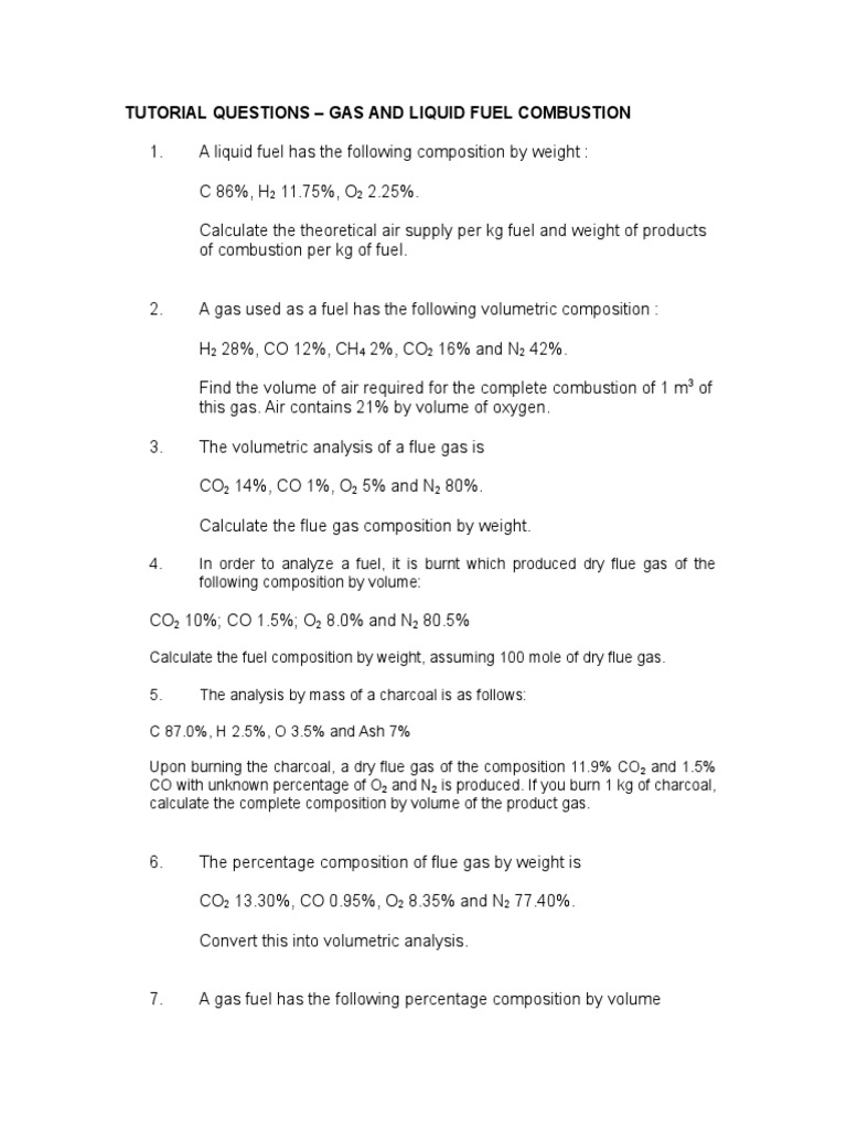 Fuel Technology Tutorial Questions PDF Combustion Coal