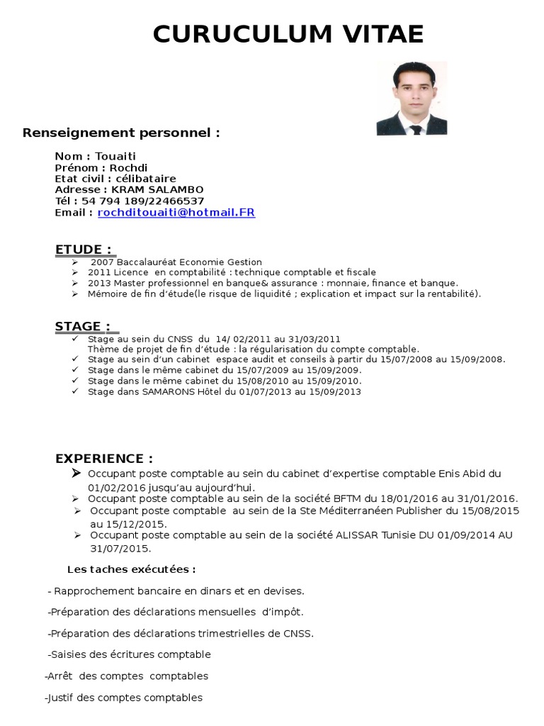 CV Comptable Junior de Rochdi Touaiti | PDF