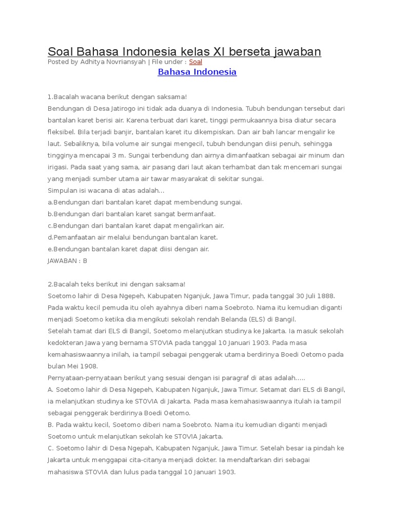 Soal Bahasa Indonesia Kelas Xi Berseta Jawaban