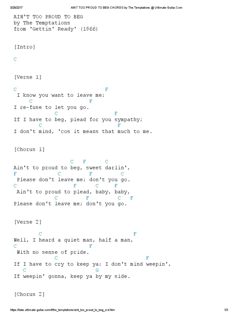 Aint Too Proud to Beg Chords by the Temptations Ultimateguitar