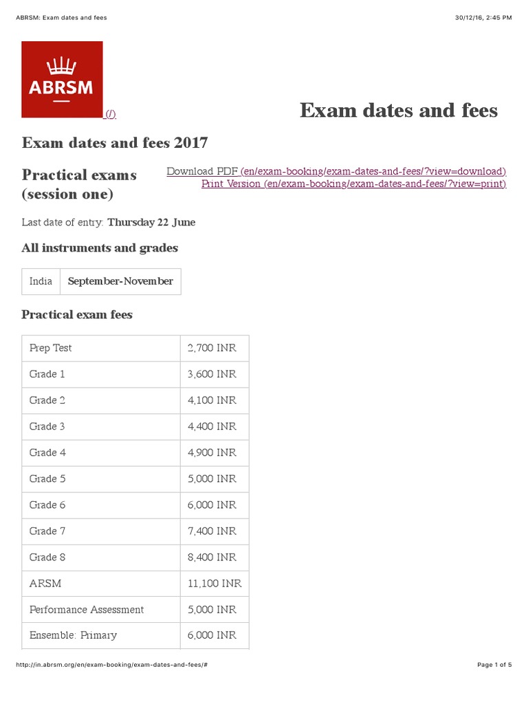 ABRSM Exam Dates and Fees PDF Business