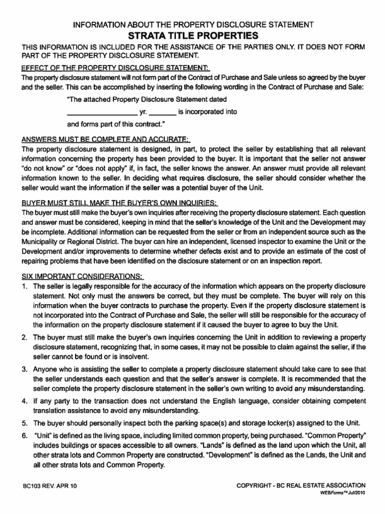 British Columbia Property Condition Disclosure Statement Strata Title