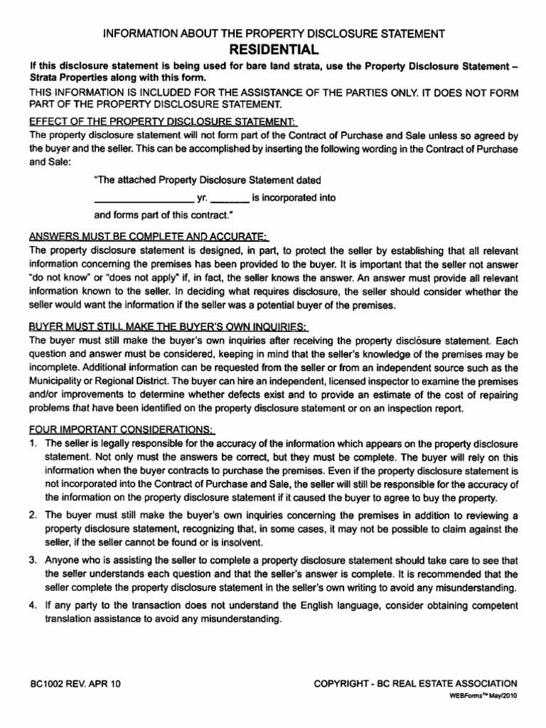British Columbia Property Conditional Disclosure Statement Residential