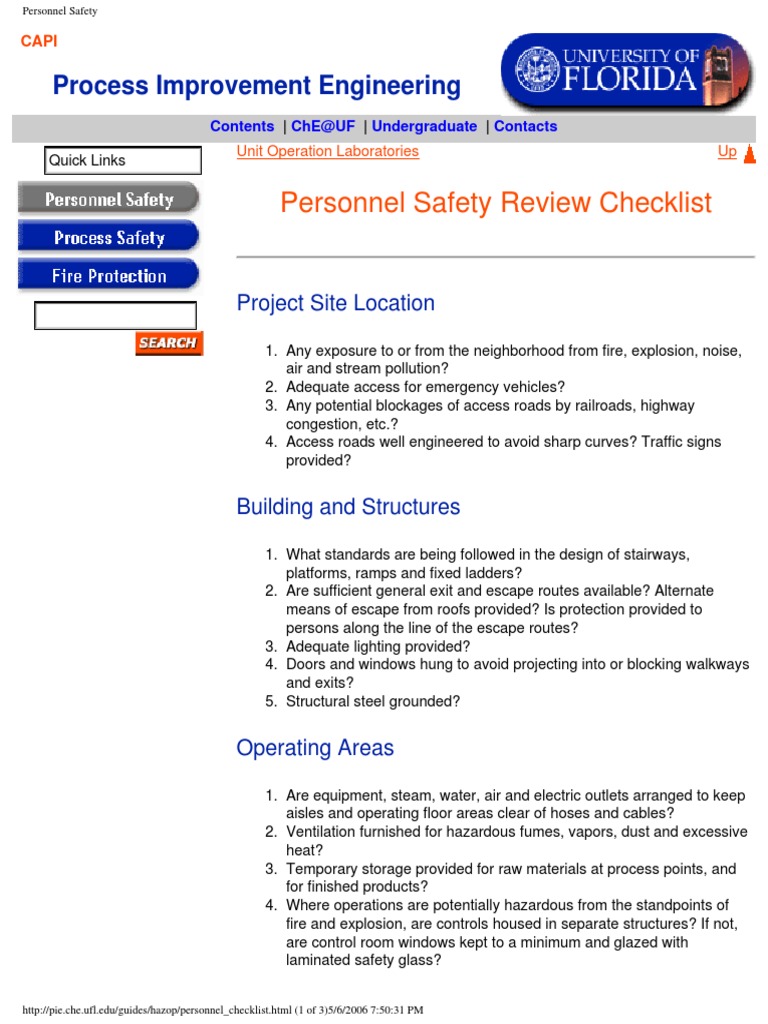 Personnel Safety Review Checklist: Process Improvement Engineering ...