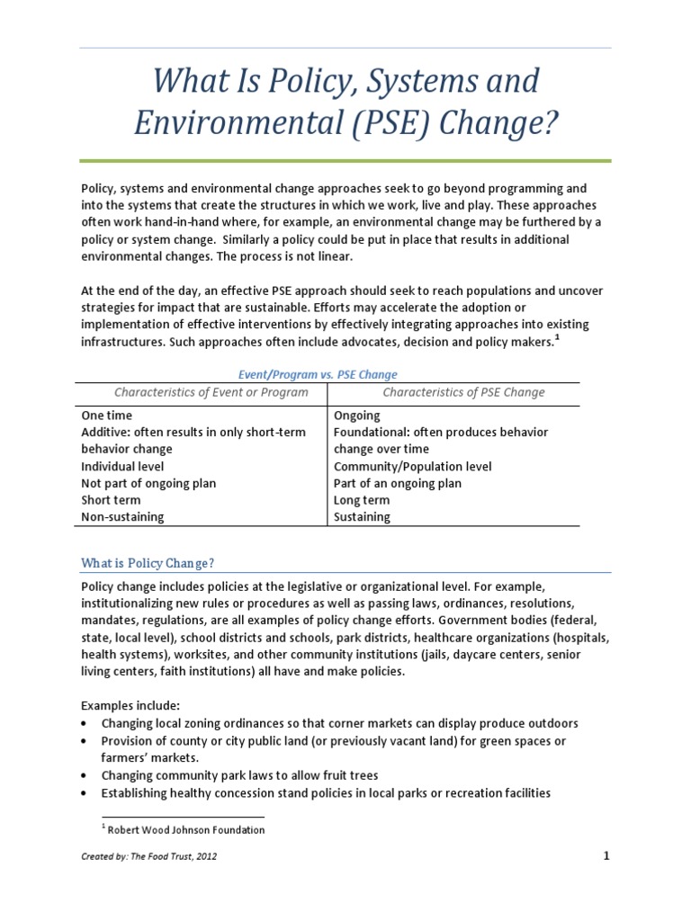 Understanding PSE Change Approaches | PDF | Policy | School Meal