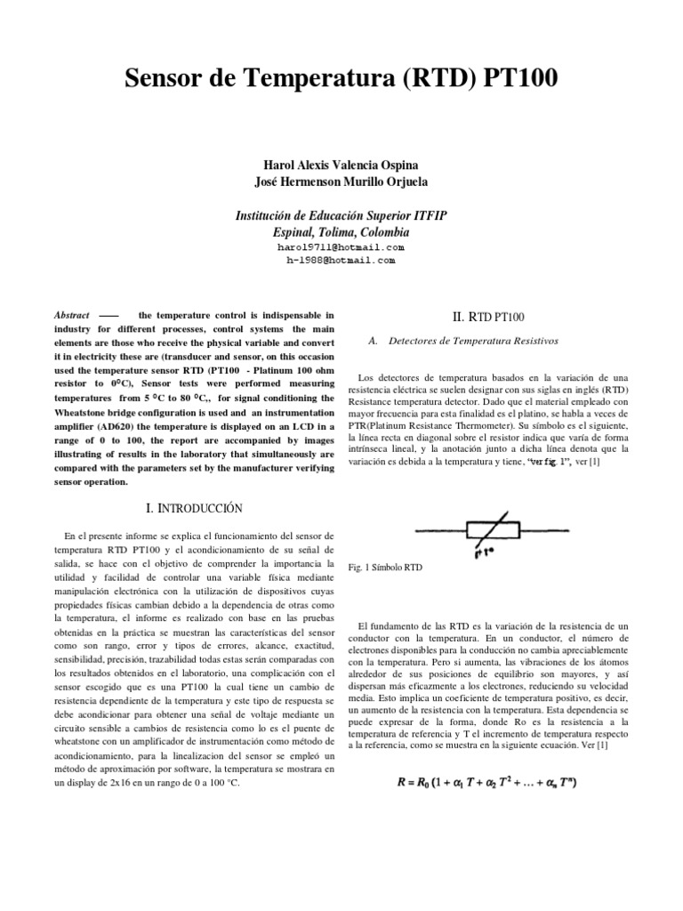 Funcionamiento del Sensor RTD PT100 | PDF | Resistencia Eléctrica y ...