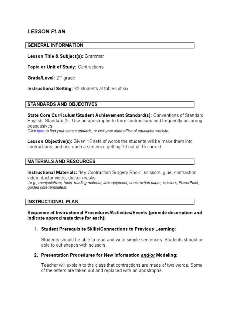 contractions lesson plan | Lesson Plan | Teachers