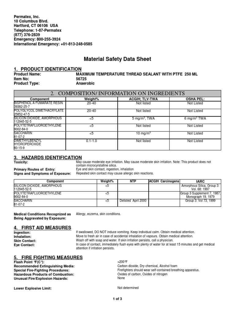 Permatex Thread Sealant 56725 Msds Firefighting Dangerous Goods
