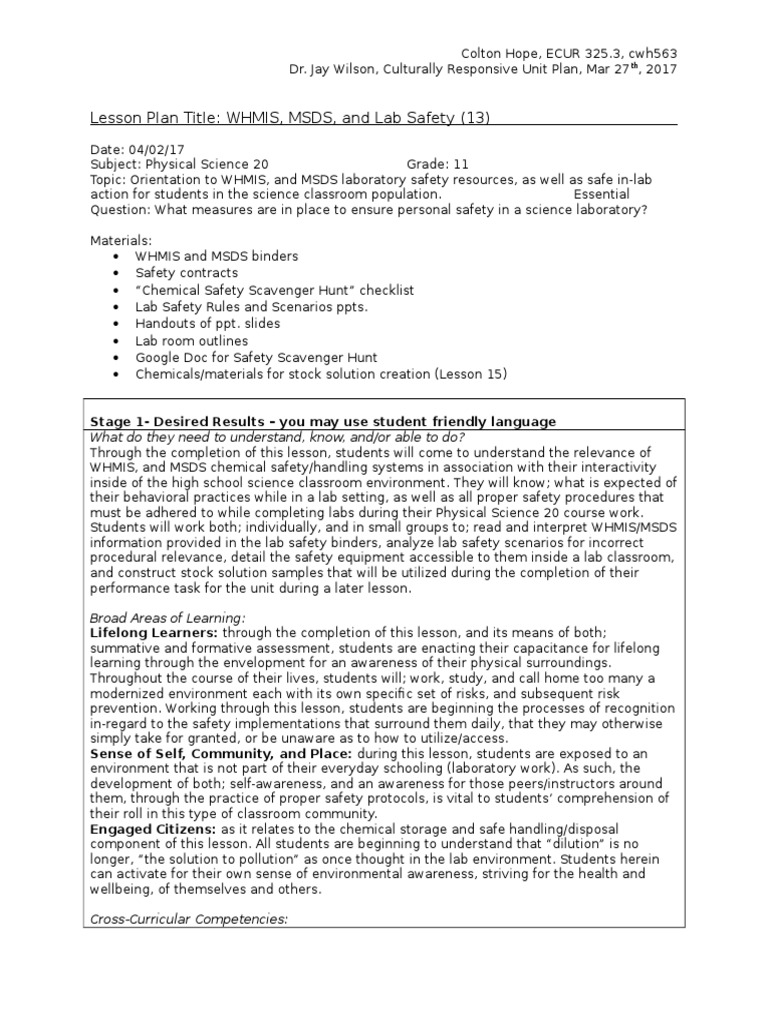 WHMIS and Lab Safety Lesson Plan | PDF | Laboratories | Educational ...