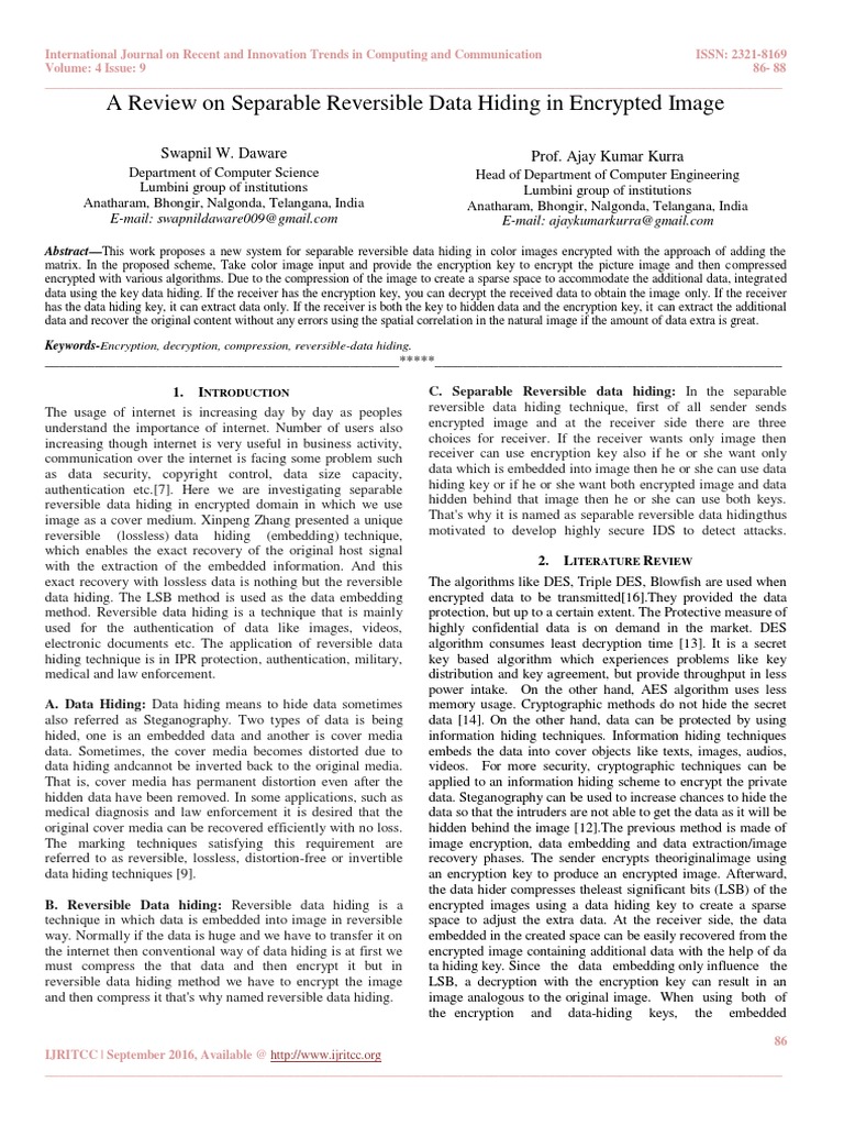 A Review On Separable Reversible Data Hiding in Encrypted Image | PDF ...