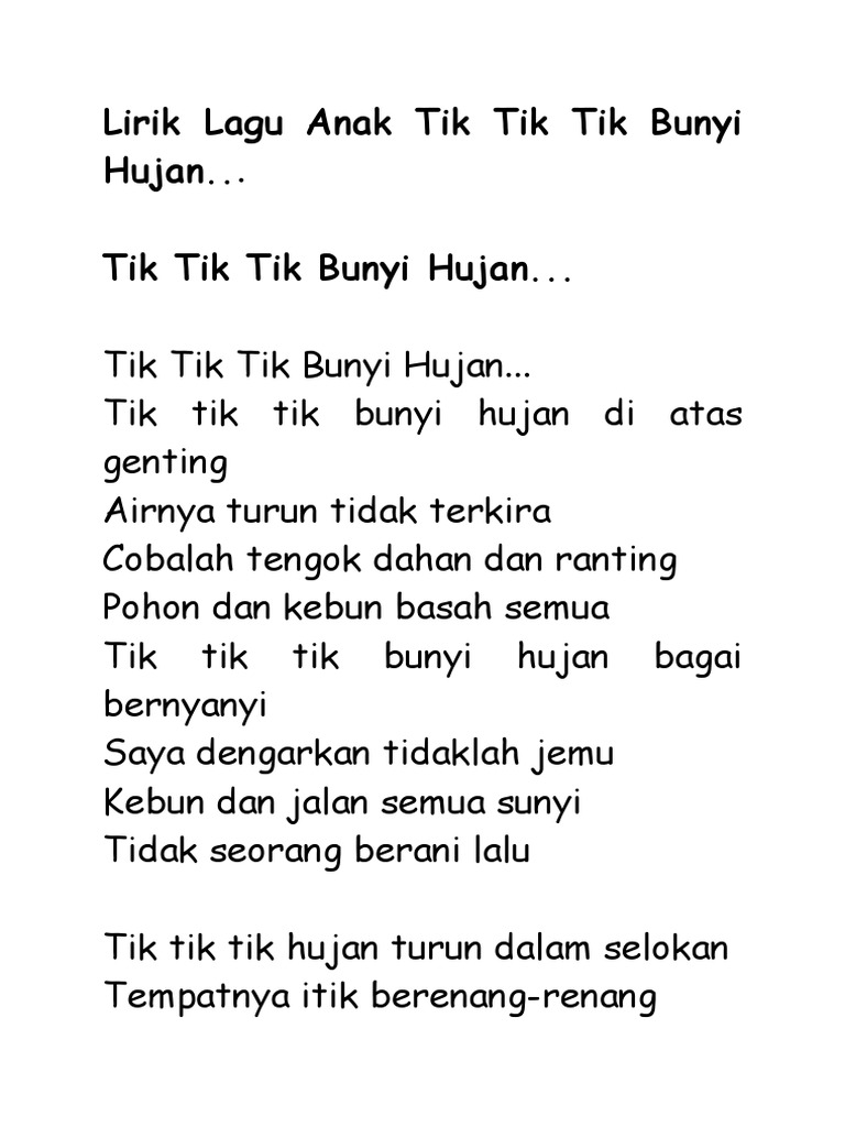 Lirik Lagu Anak Tik Tik Tik Bunyi Hujan