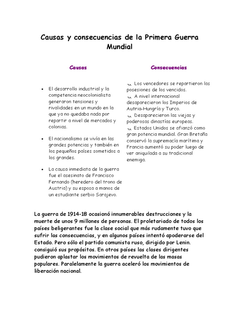 Causas y Consecuencias de la Primera Guerra Mundial | PDF | Alemania ...