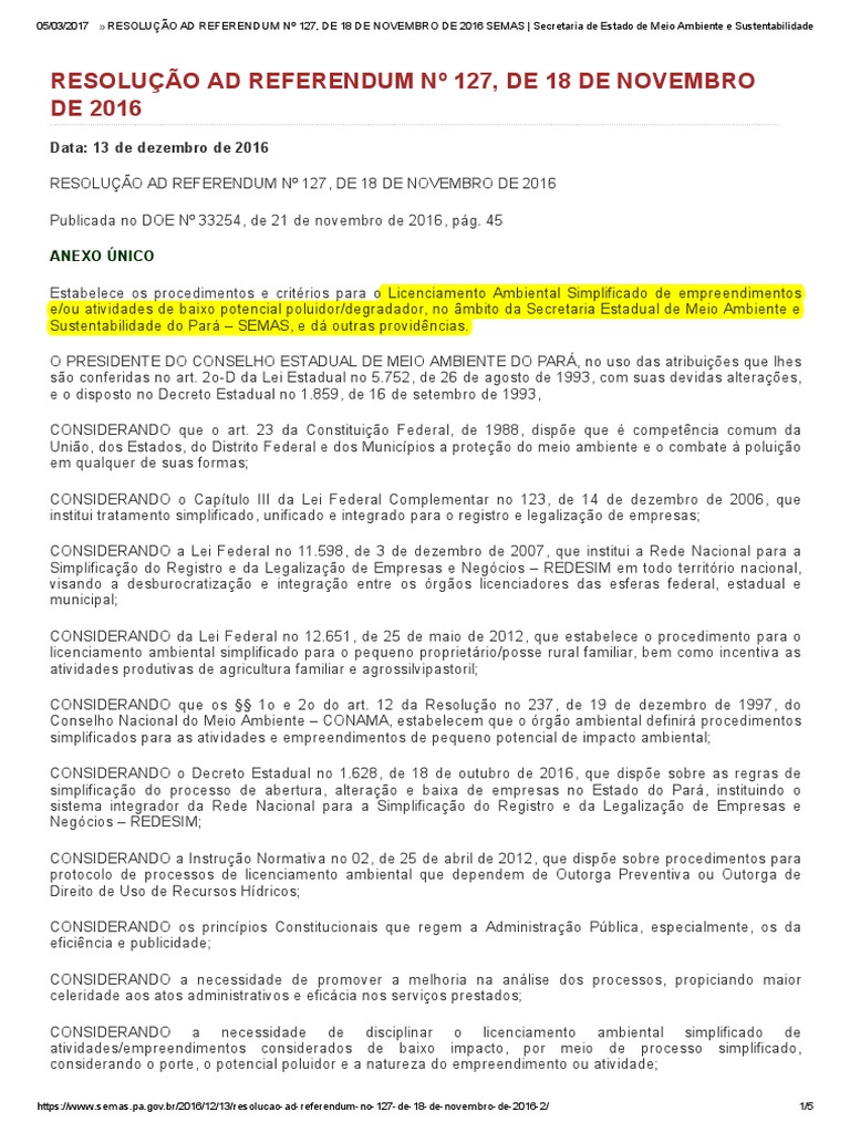 RESOLUÇÃO AD REFERENDUM #127, de 18 de NOVEMBRO de 2016 SEMAS ...
