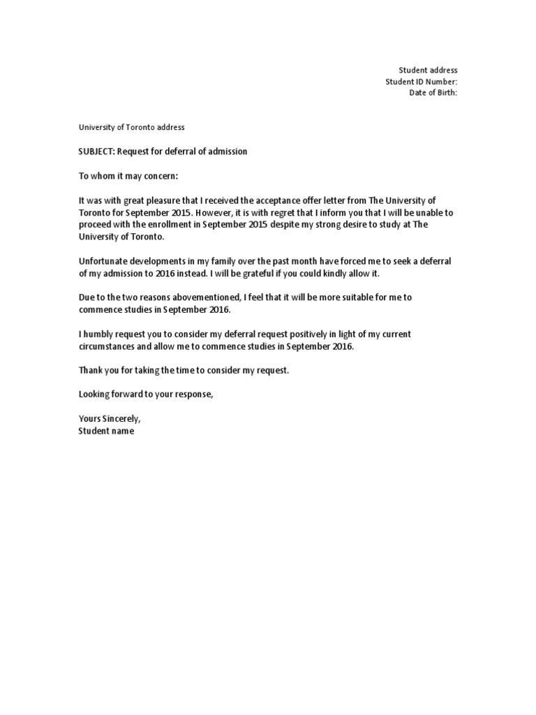 Sample University Deferment Letter  PDF