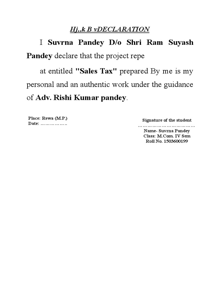 Declaration of Project Work by Suvrna Pandey | PDF | Career & Growth ...