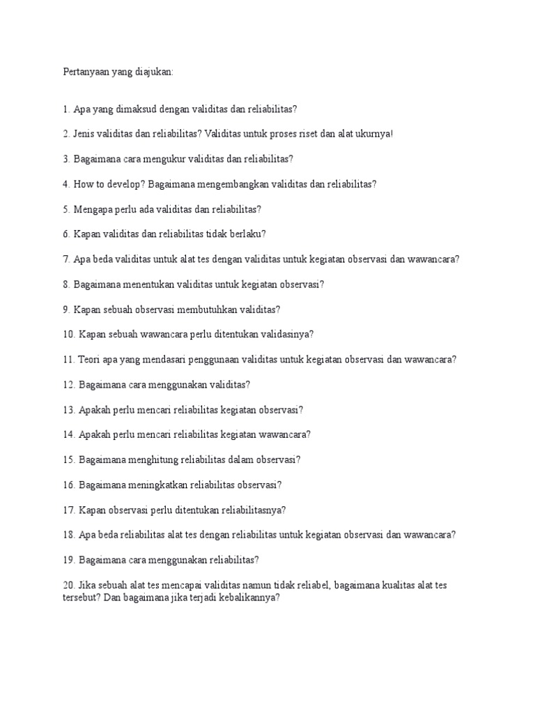 Contoh Soal Validitas Reabilitas