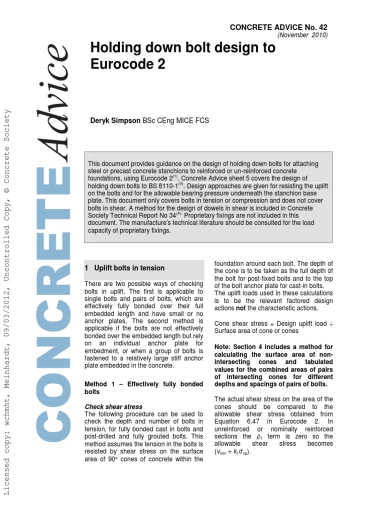 CS Holding Down Bolt Design To Eurocode 2 PDF Stress (Mechanics