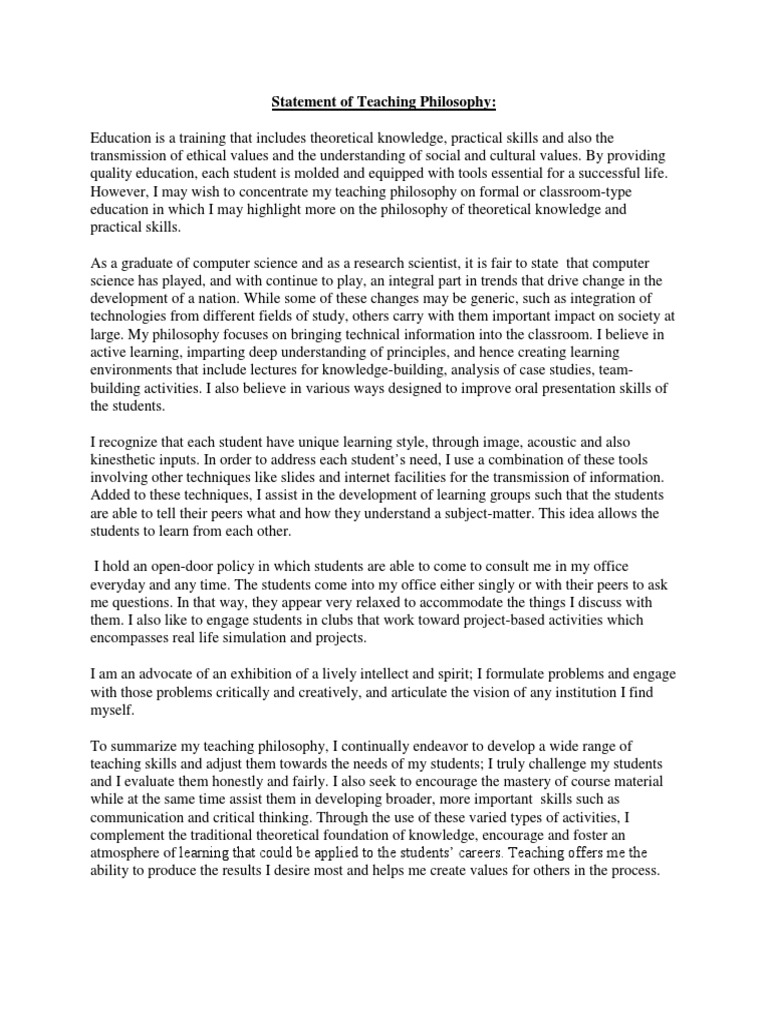 Statement of Teaching Philosophy | PDF | Project Based Learning ...