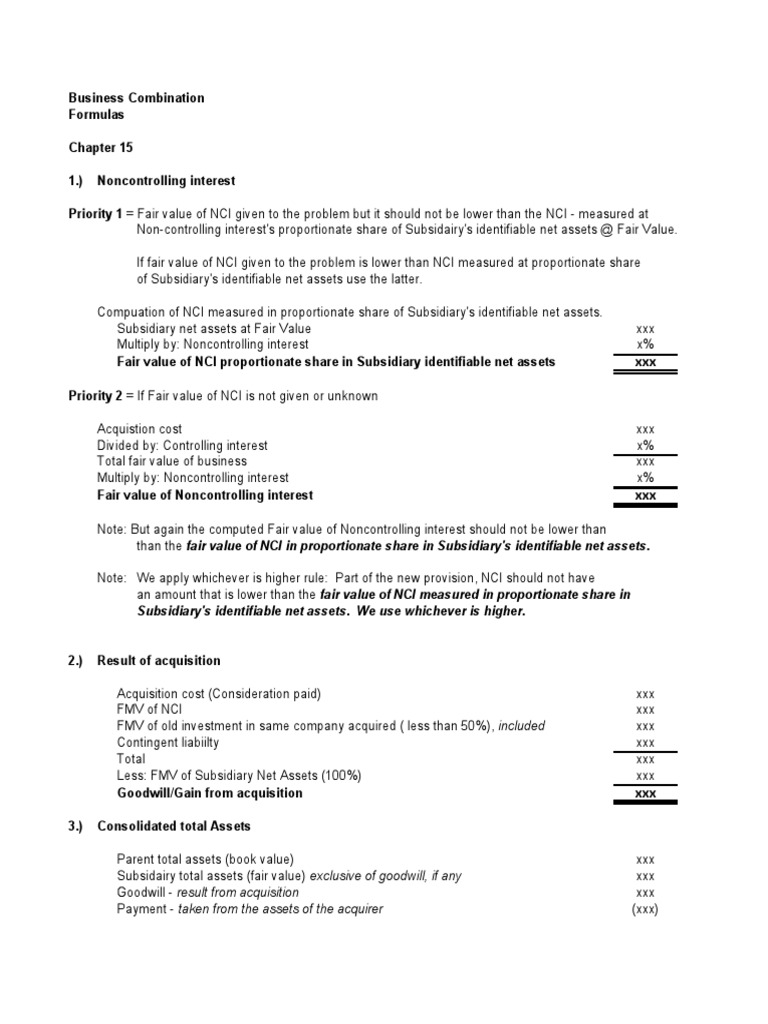 Formulas For Business Combination PDF PDF Goodwill (Accounting