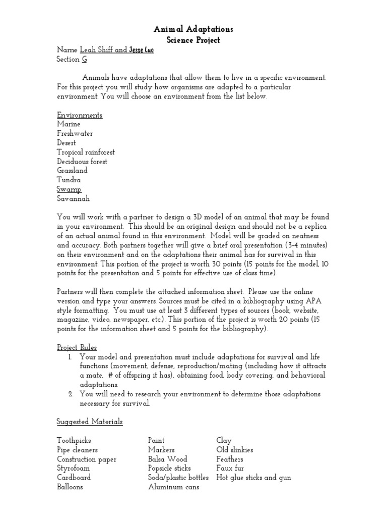 Swamp Animal Adaptations Project | PDF | Cats | Adaptation