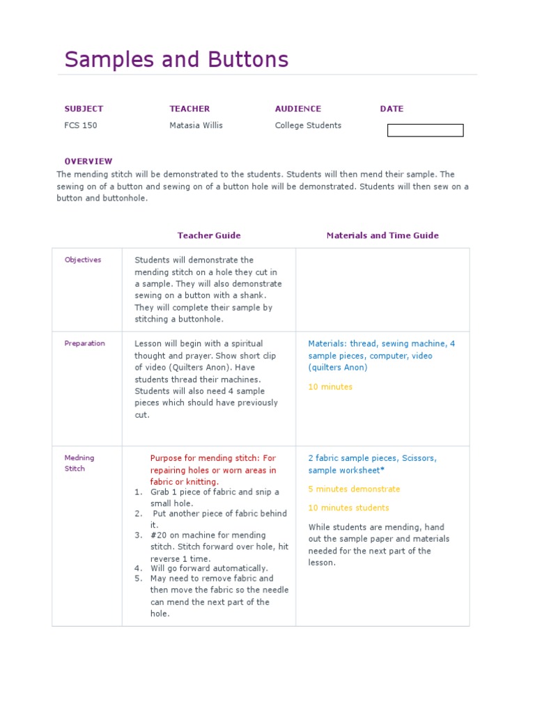 Lesson Plan 1 PDF Sewing Sewing Machine