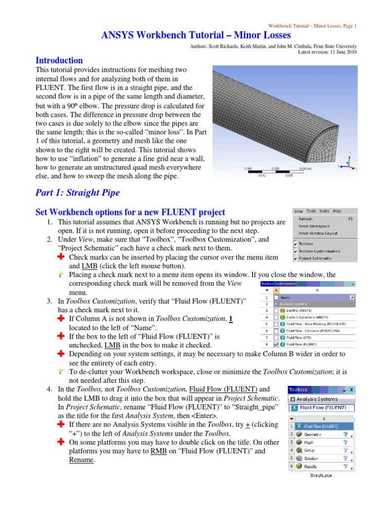 ANSYS Workbench Tutorial - Minor Losses: Part 1: Straight Pipe | PDF