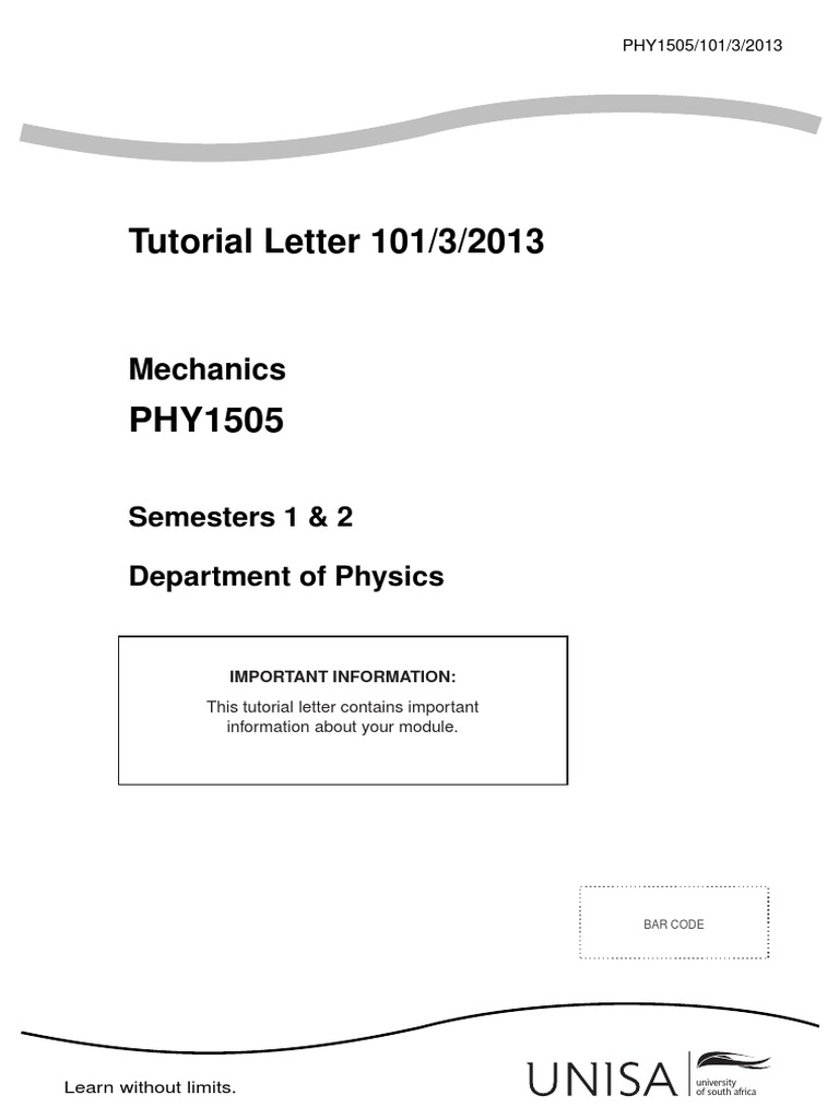 PHY 1505 Tutorial Letter 1 PDF Projectiles Force