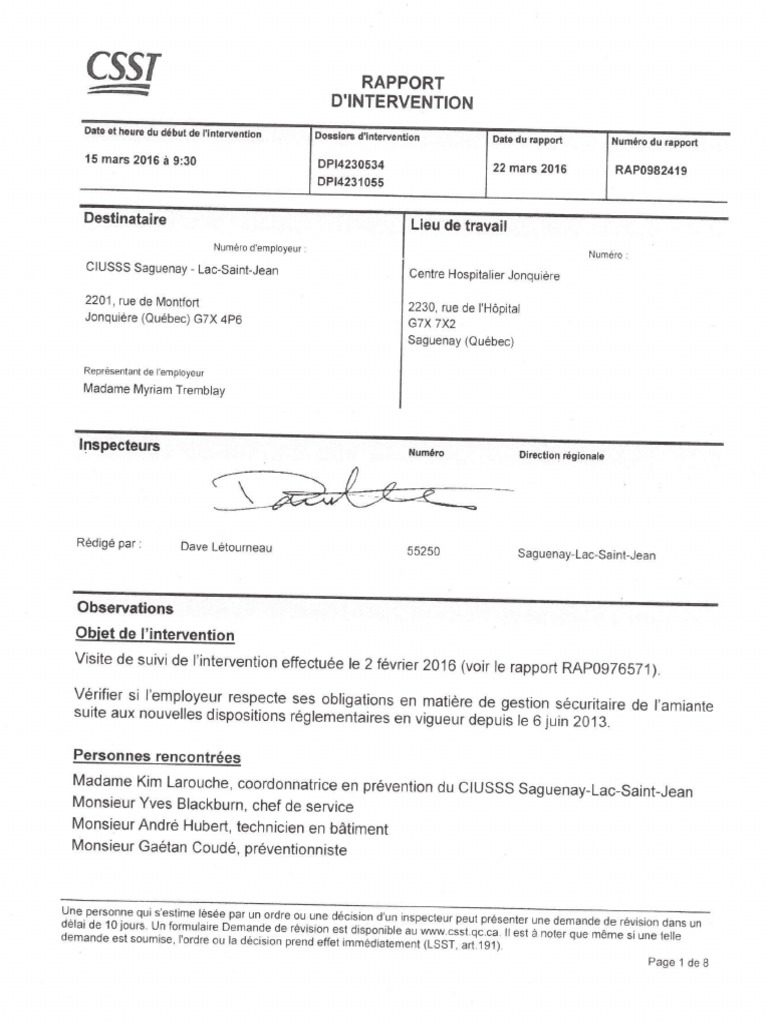 Rapport D'intervention de La CNESST Au Centre Hospitalier Jonquière | PDF