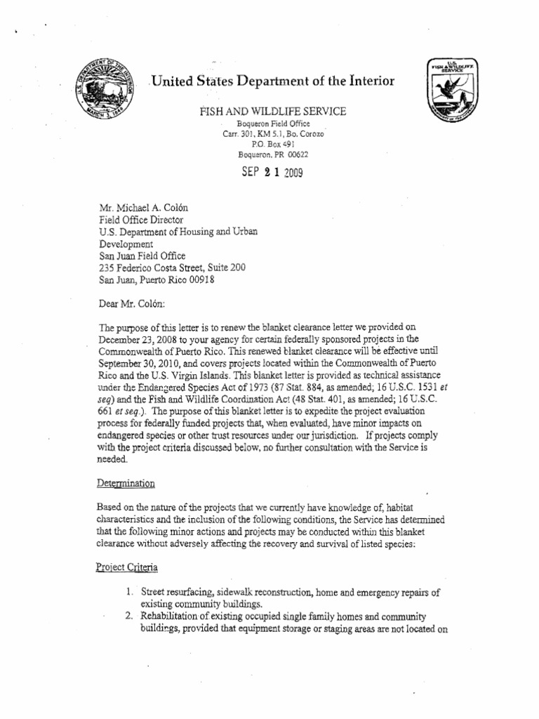 USFWS Blanket Clearance Letter HUD PDF Stream Natural Environment