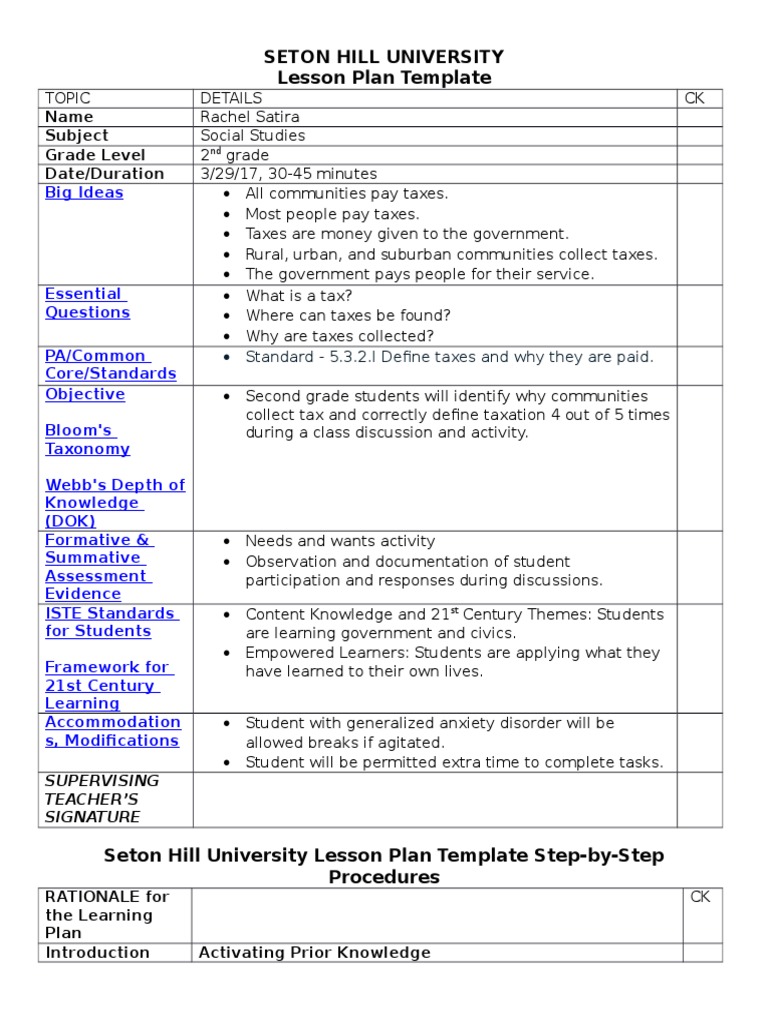 Seton Hill University Lesson Plan Template: Name Subject Grade Level ...