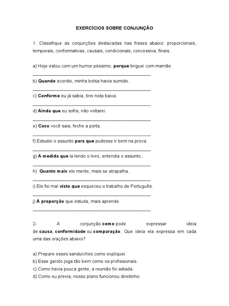 Exercícios Sobre Conjunção2 | PDF | Artes Linguísticas e Disciplina