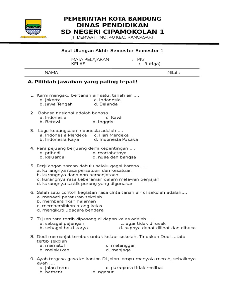 Soal Uas Pkn Kelas 3 Semester 1