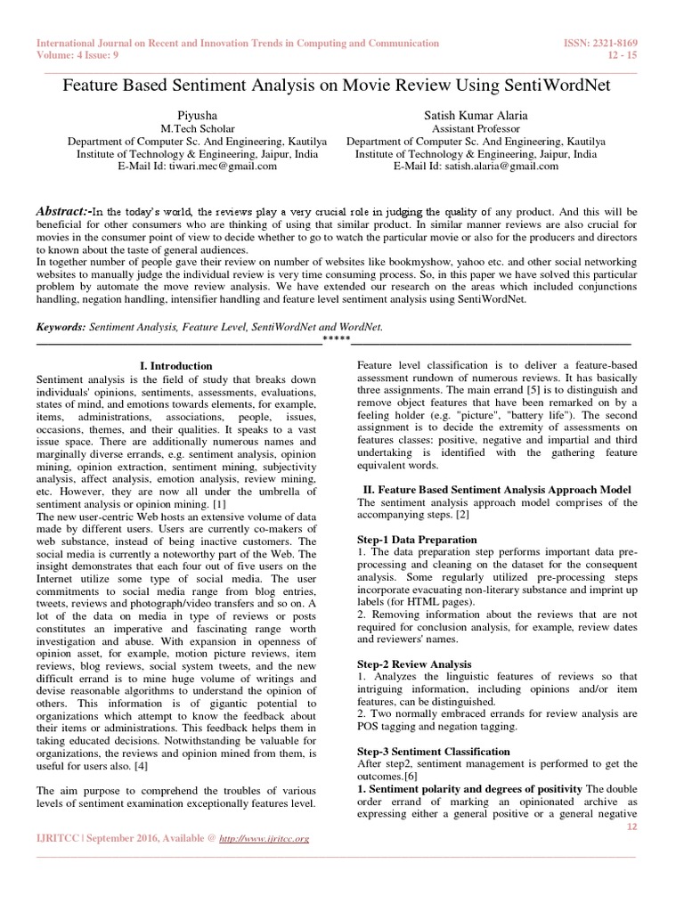 Feature Based Sentiment Analysis On Movie Review Using SentiWordNet | PDF