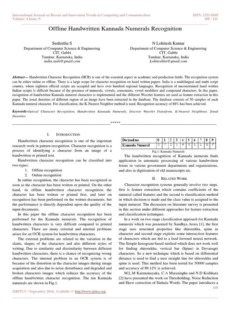 Offline Handwritten Kannada Numerals Recognition | PDF | Computers