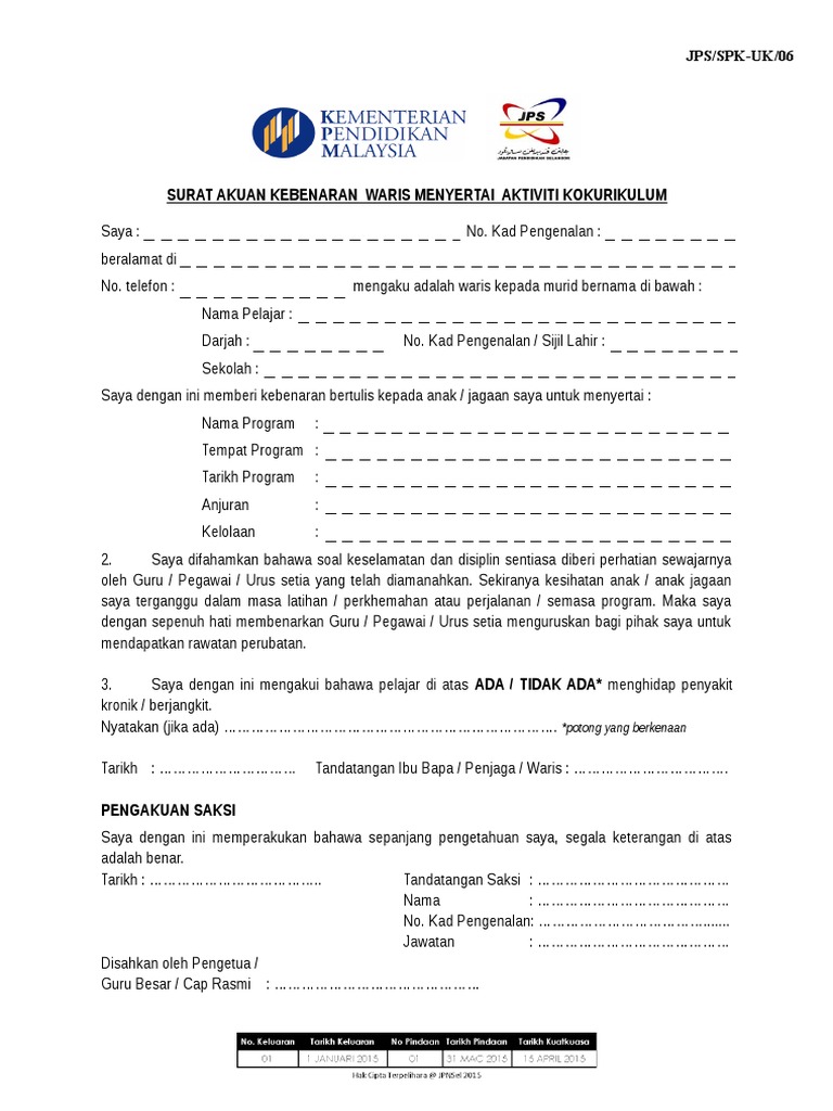 Surat Kebenaran Ibubapa Kokurikulum