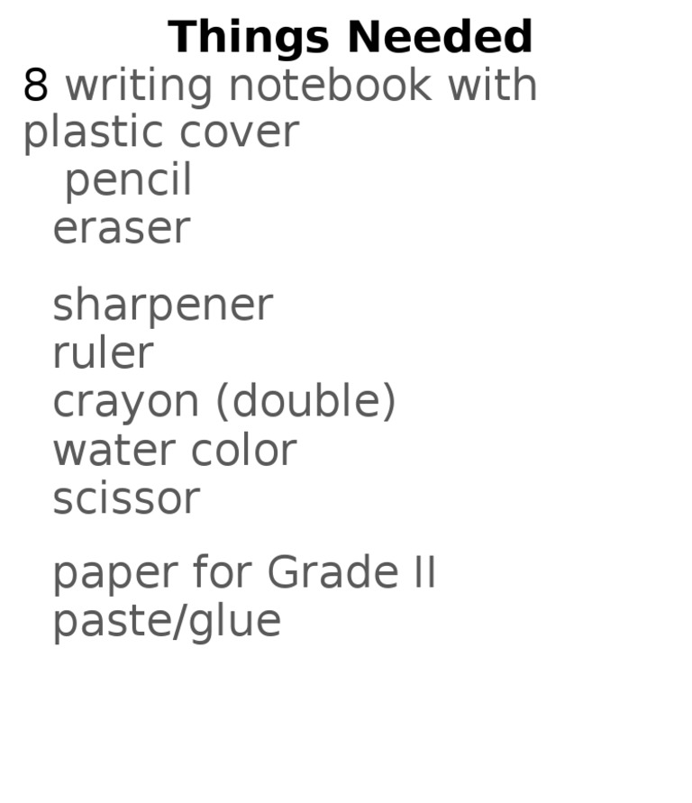 Things Needed Writing Notebook With Plastic Cover Pencil Eraser PDF