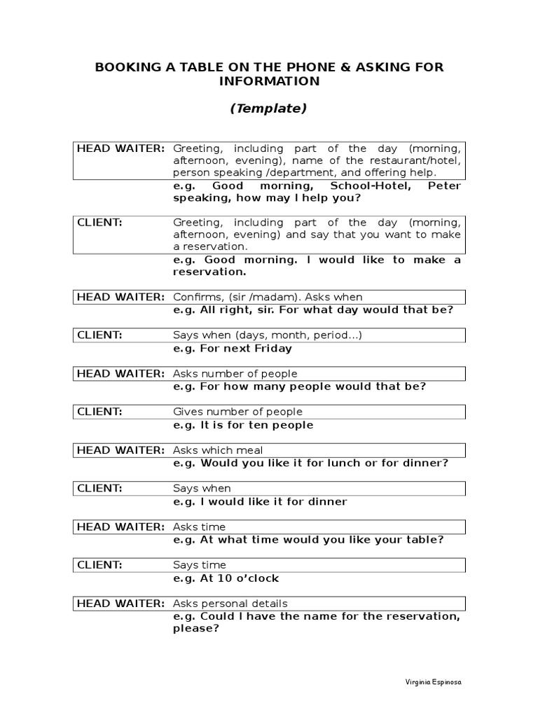 Phone Reservation Script for Restaurants | PDF | Waiting Staff ...