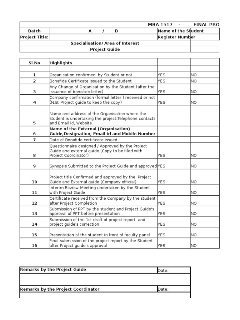 MBA Student Project Checklist PDF Computing And Information