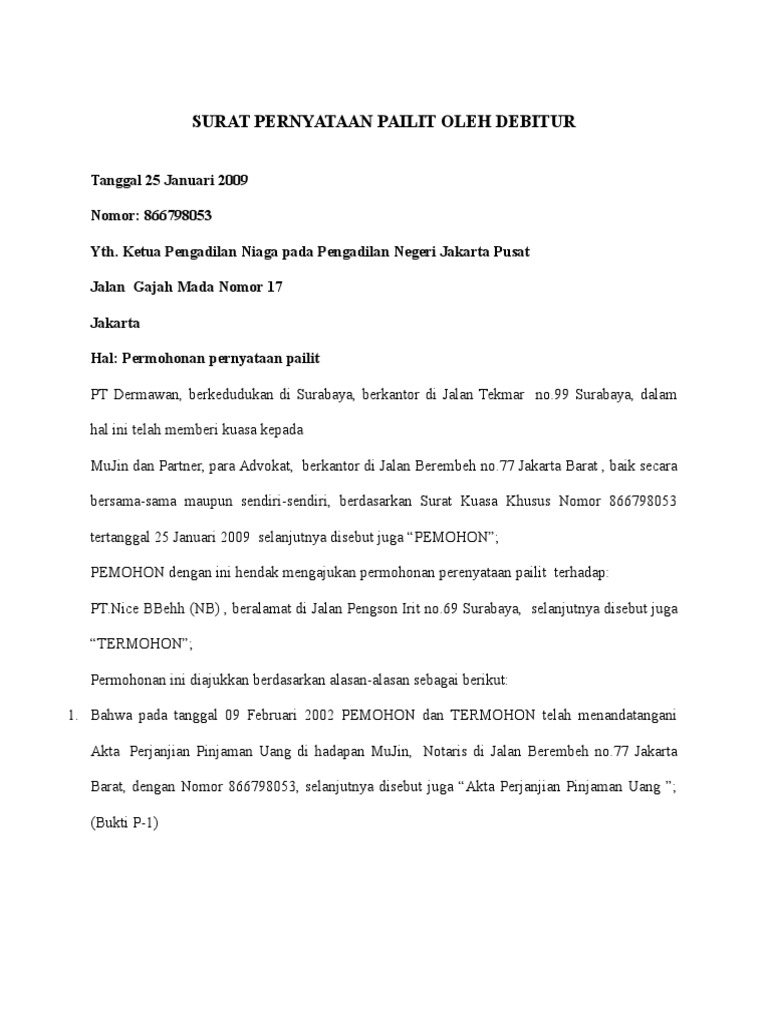 Surat Permohonan Pailit