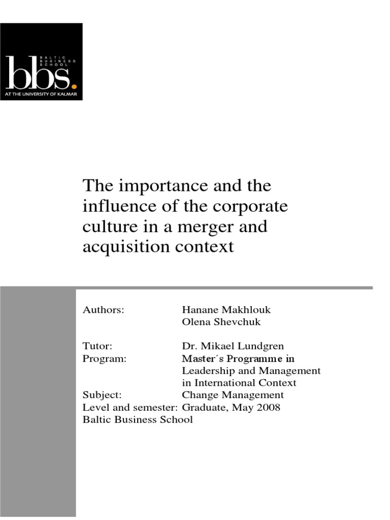 Corporate Culture in Mergers & Acquisitions | PDF | Organizational ...