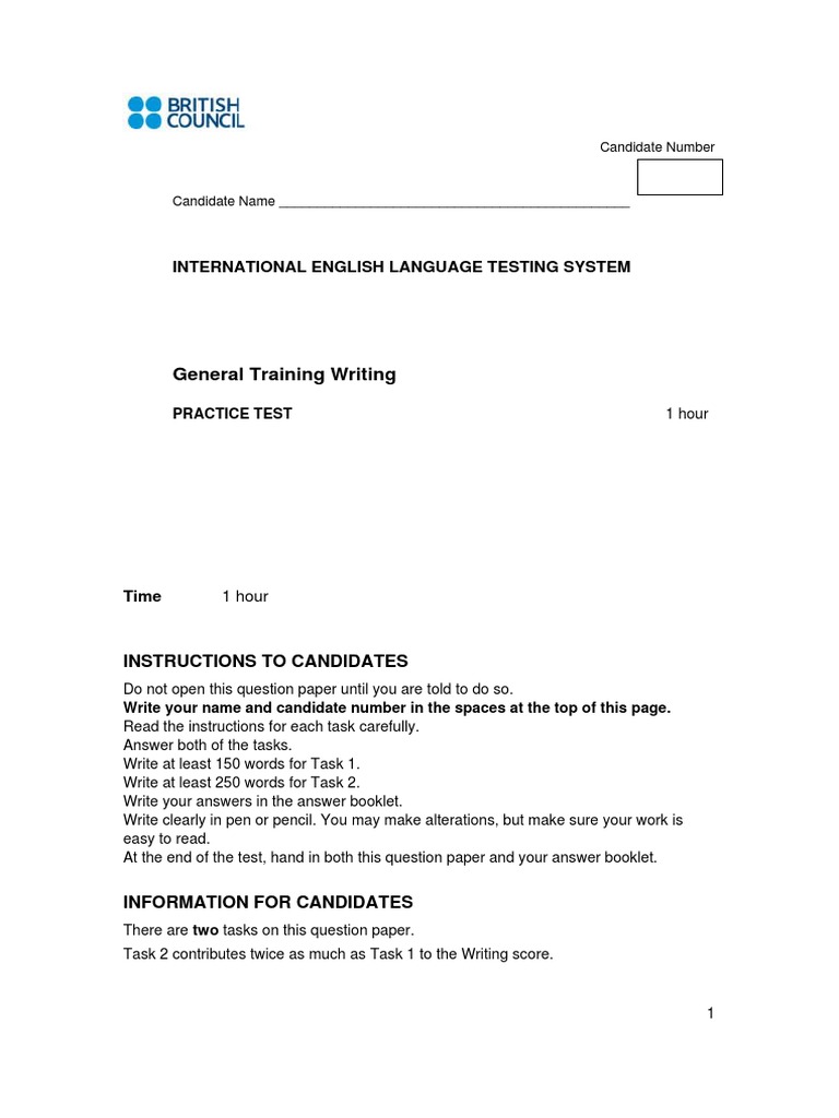 Writing Practice Test 1 IELTS General Training Questions PDF | PDF
