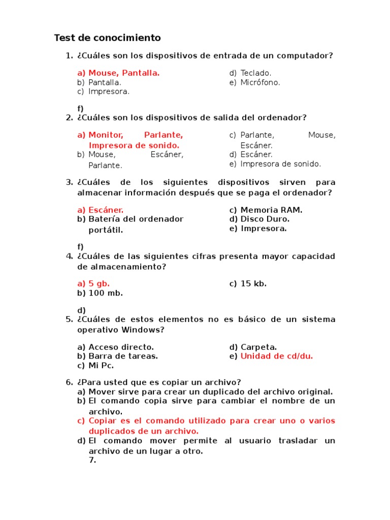 Test de Conocimiento Archivo de computadora Red