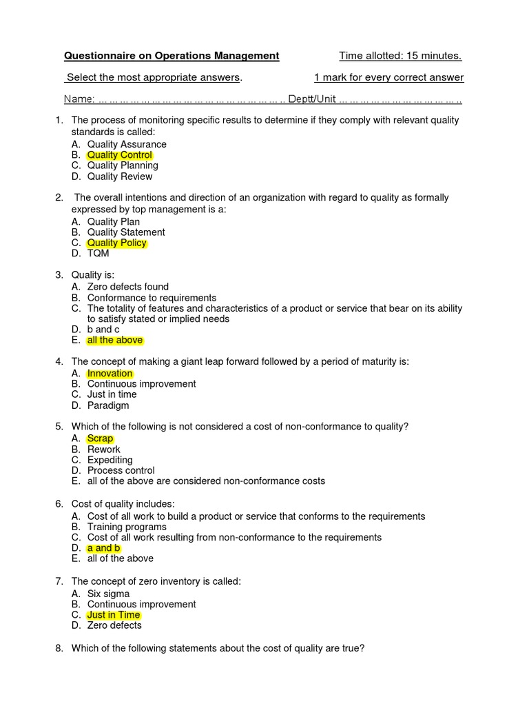 Questionnaire for Operations Management Quality Assurance Quality