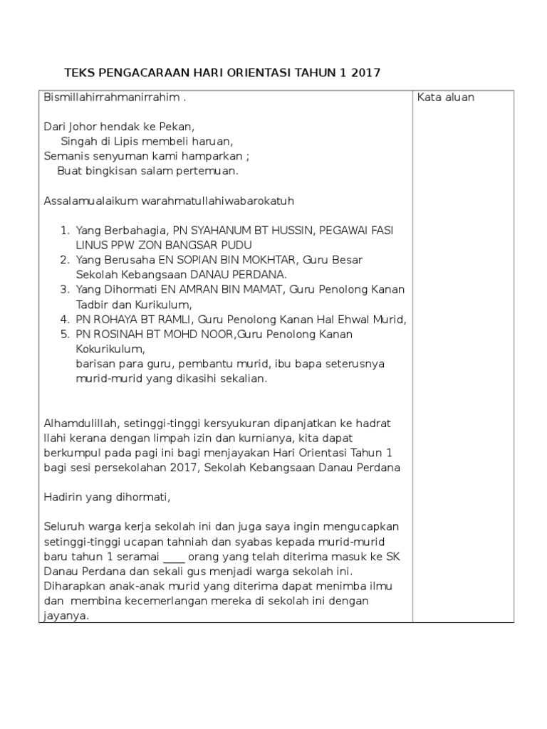 Teks Pengacara Majlis Hari Orientasi Tahun 1 2017 Pdf
