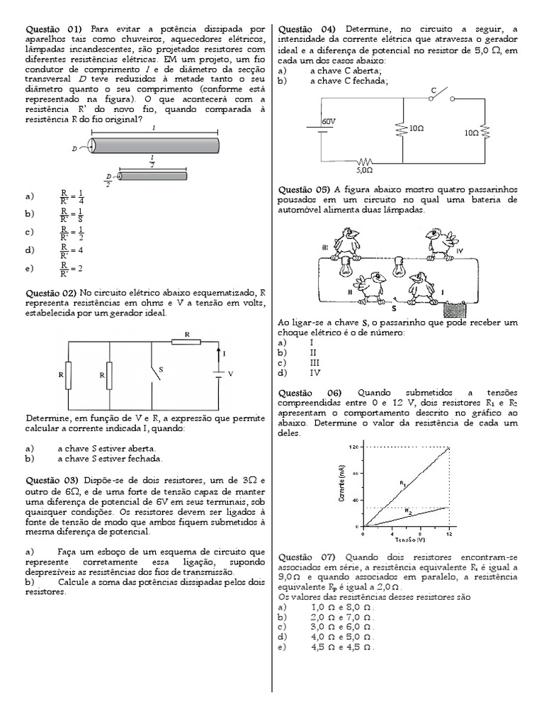 Questões sobre Resistores e Circuitos Elétricos | PDF