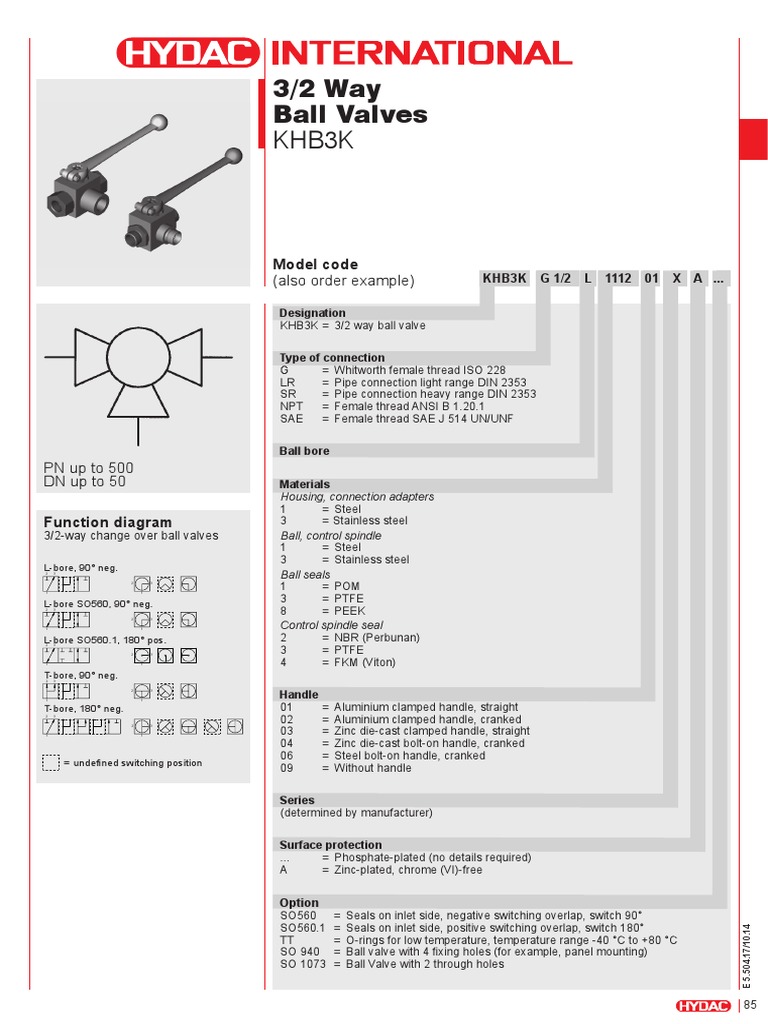 3/2 Way Ball Valves Technical Specifications and Dimensions for KHB3K Series Valves with