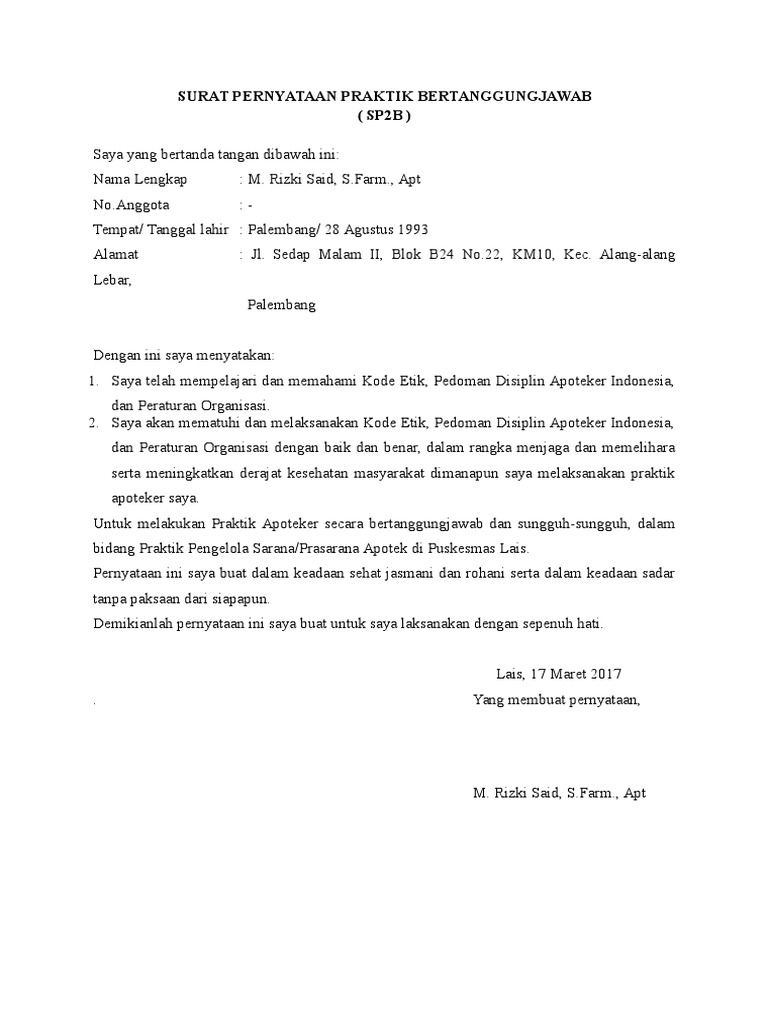 Contoh Surat Pernyataan Tempat Praktek Apoteker  Kumpulan Contoh