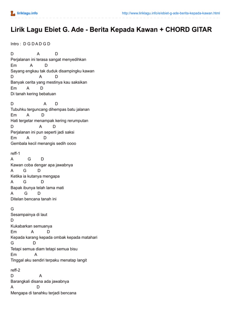 Lirik Lagu Ebiet G Ade Berita Kepada Kawan Chord Gitar